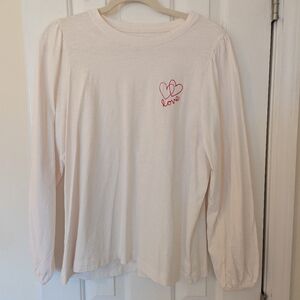 LOFT Cream Long Sleeve Top with Pink heart Embroidery